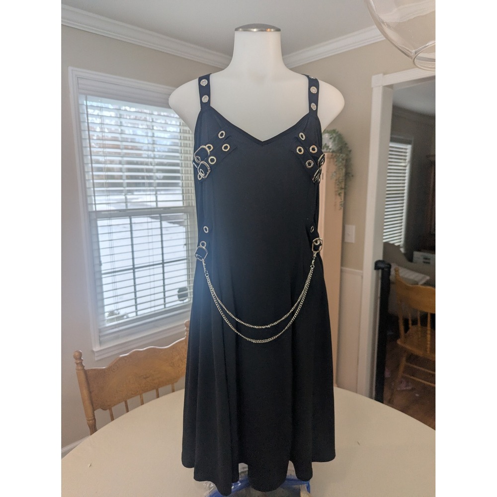 Black Grommet Strap Mini Dress with Chain Detail Buckle Accents Punk Goth M/L